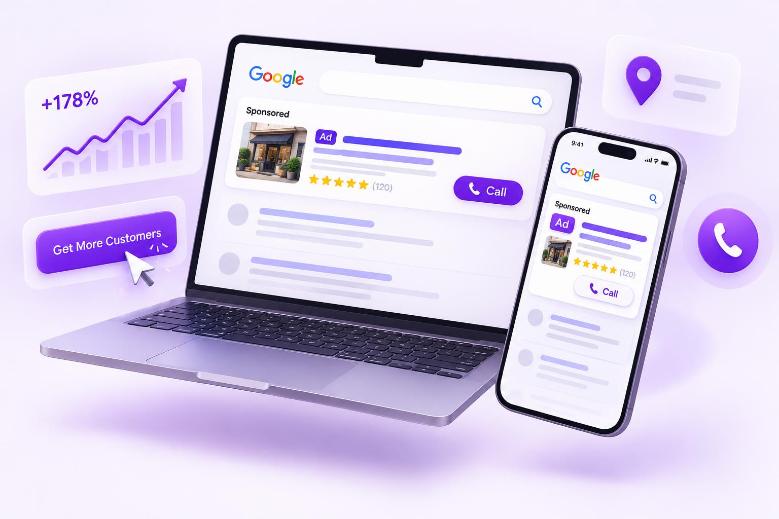 A business ad at the top of Google search results on a laptop and phone, with call and growth tracking